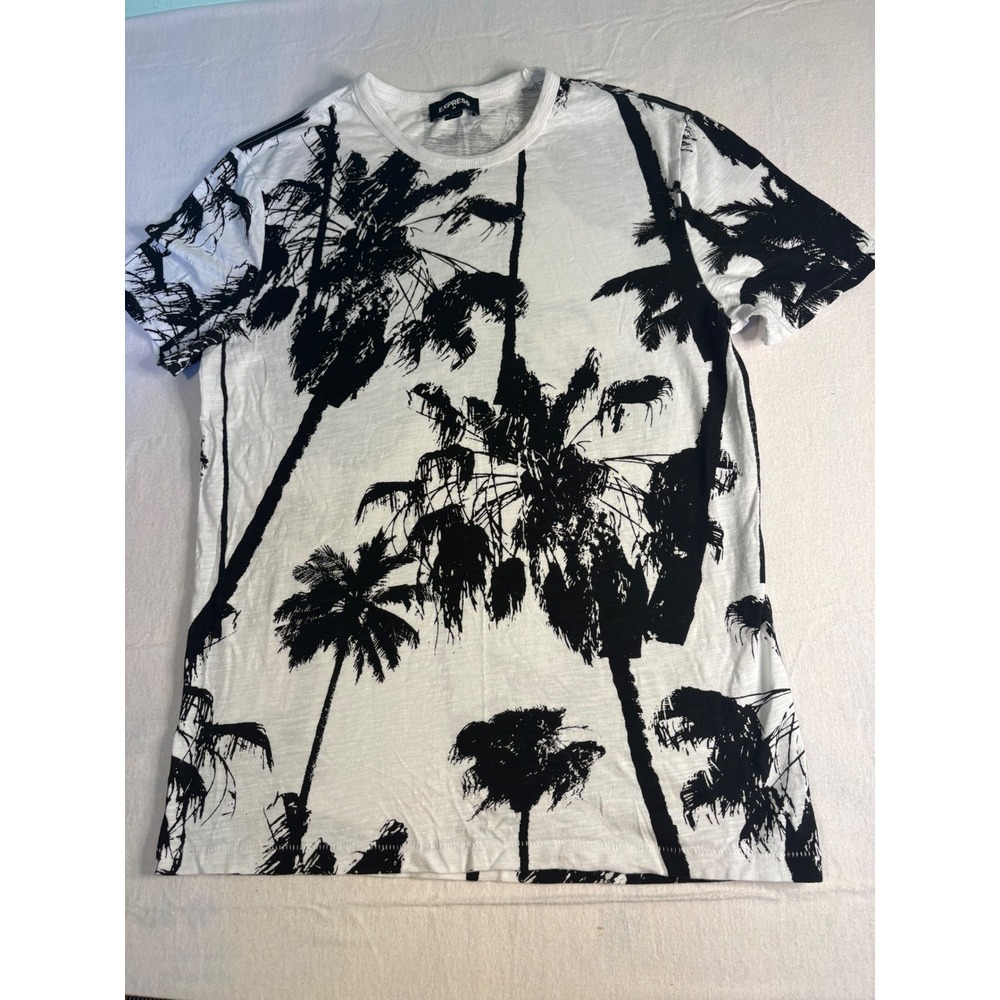 Express Mens Palm Tree Graphic T-Shirt White Black Slub Cotton Small S Tee 1314
